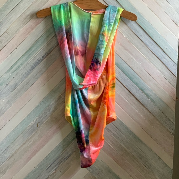 Festival club wear custom tie dye velvety spandex body suitoversized hood. - Picture 4 of 5